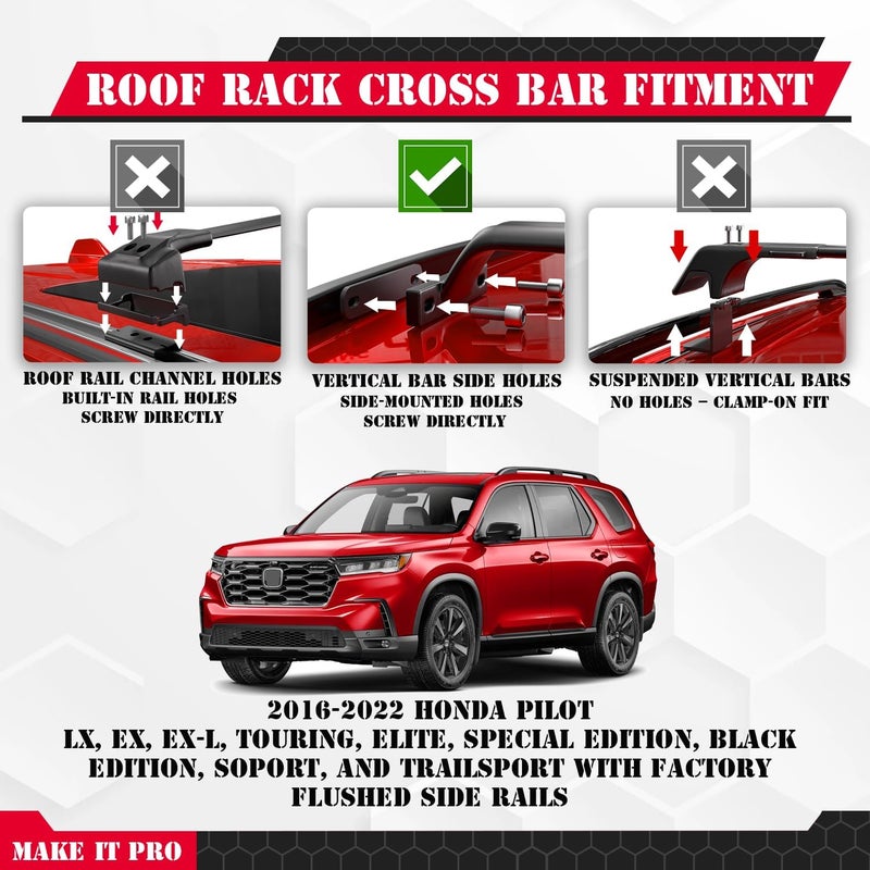 KitsPro 260lb Roof Rack Cross Bars for 2016-2022 Honda Pilot (ONLY FIT Factory Flushed Side Rails), Matte Black Heavy Duty Aluminum Cargo Crossbar - Image 2